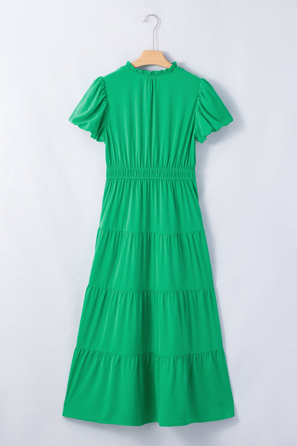 Bright Green Solid Color V Neck Short Puff Sleeve High Waist Tiered Maxi Dress