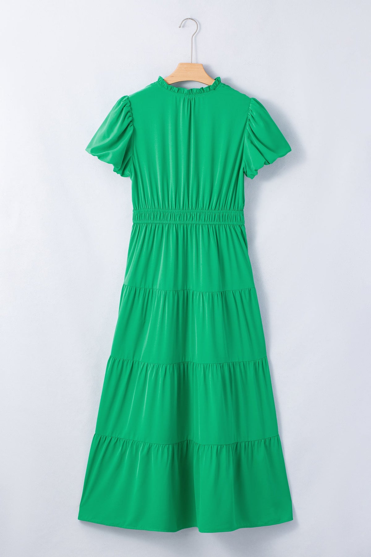 Bright Green Solid Color V Neck Short Puff Sleeve High Waist Tiered Maxi Dress