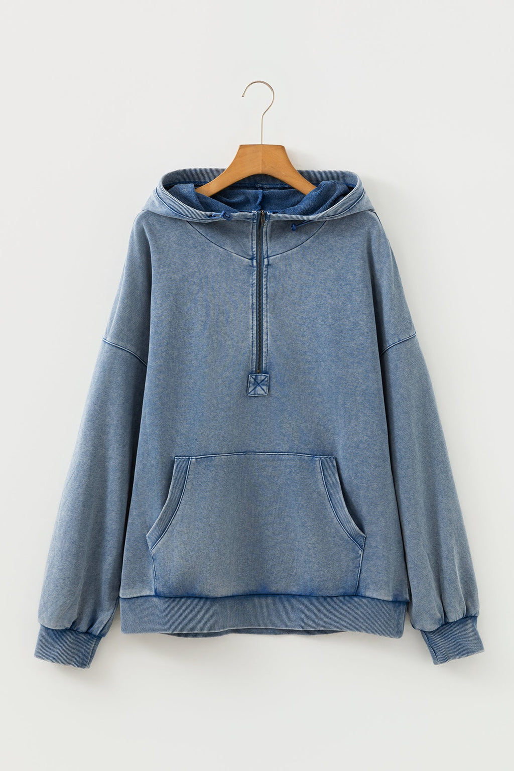 Black Half Zip Kangaroo Pocket Mineral Wash Baggy Hoodie