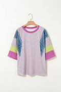 Purple Stripe Floral Color Block Raw Edge Patchwork Bracelet Sleeve Blouse