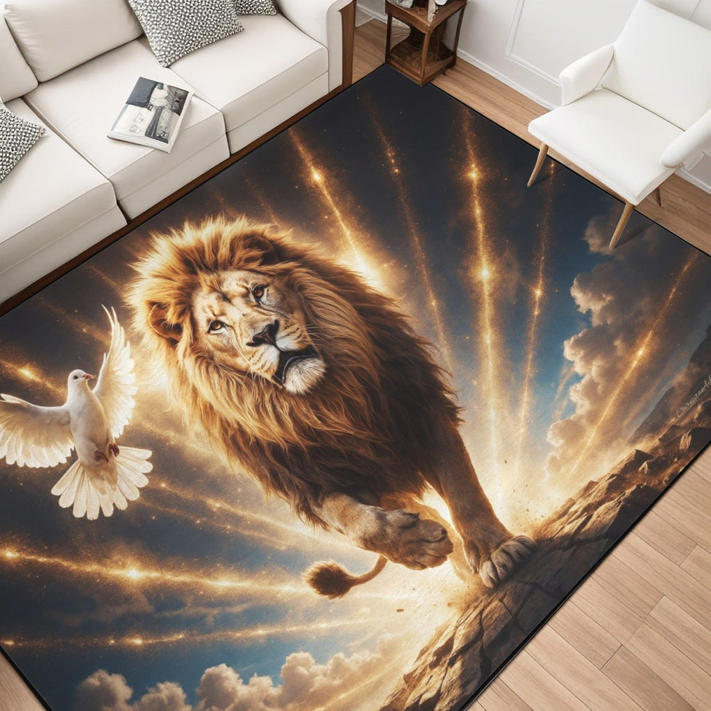 Lion of Judah and the Holy Spirit -Golden Rays and Clouds Area Rug with Black Binding (84"x60")