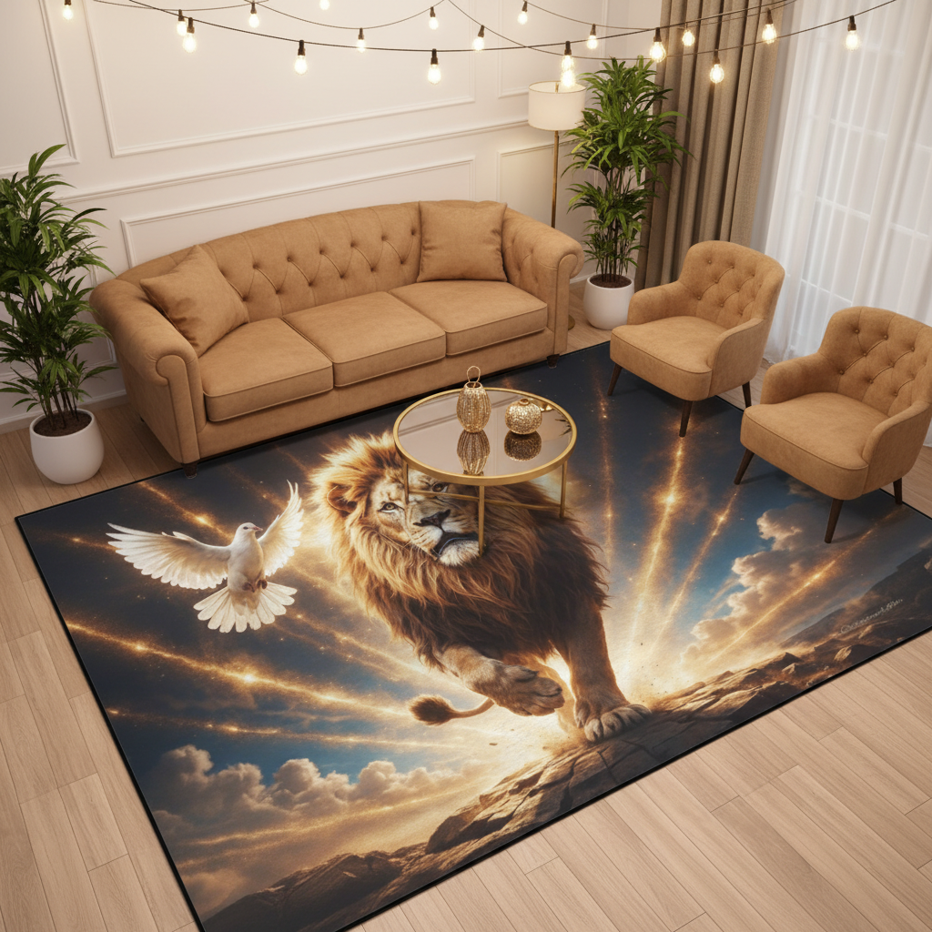 Lion of Judah and the Holy Spirit -Golden Rays and Clouds Area Rug with Black Binding (84"x60")
