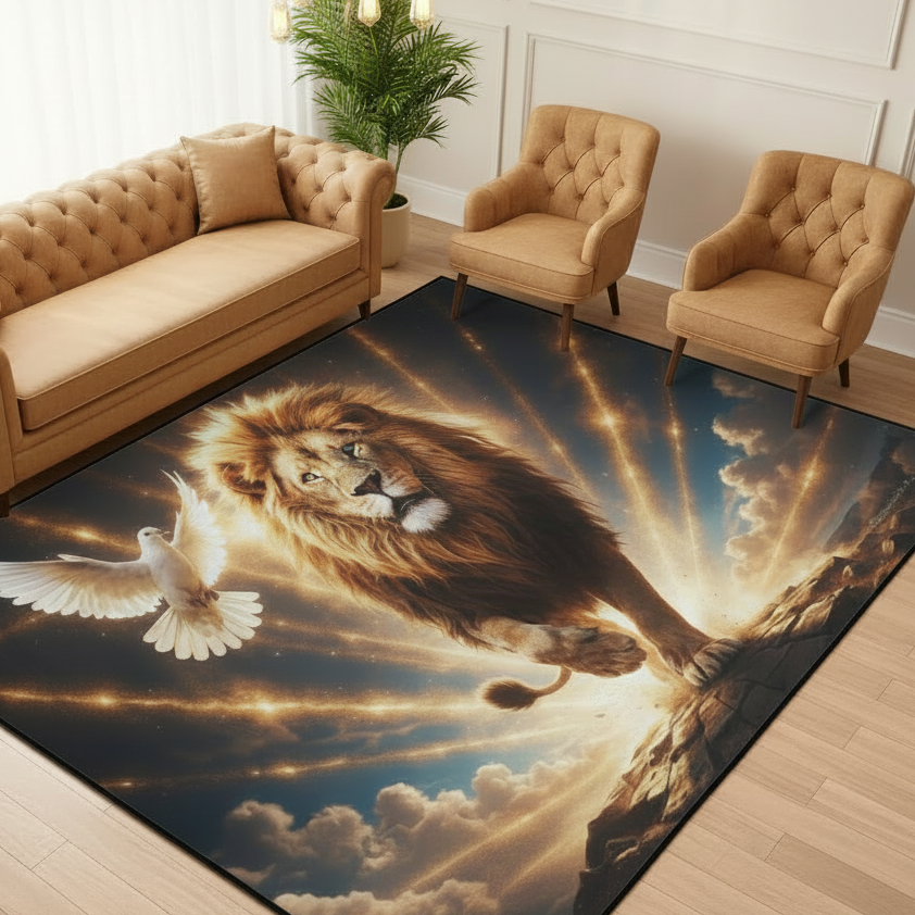 Lion of Judah and the Holy Spirit -Golden Rays and Clouds Area Rug with Black Binding (84"x60")