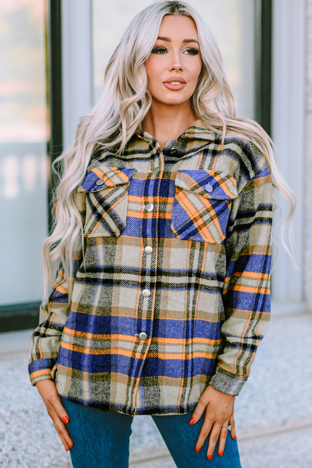Green Geometric Plaid Print Pocketed Shacket