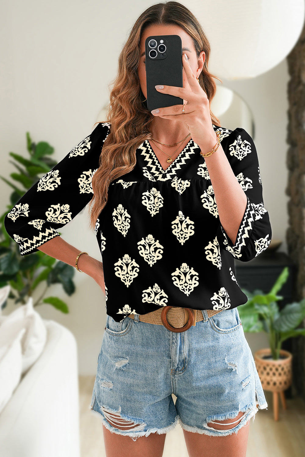 Green Damask Floral Print Contrast V Neck 3/4 Sleeve Blouse