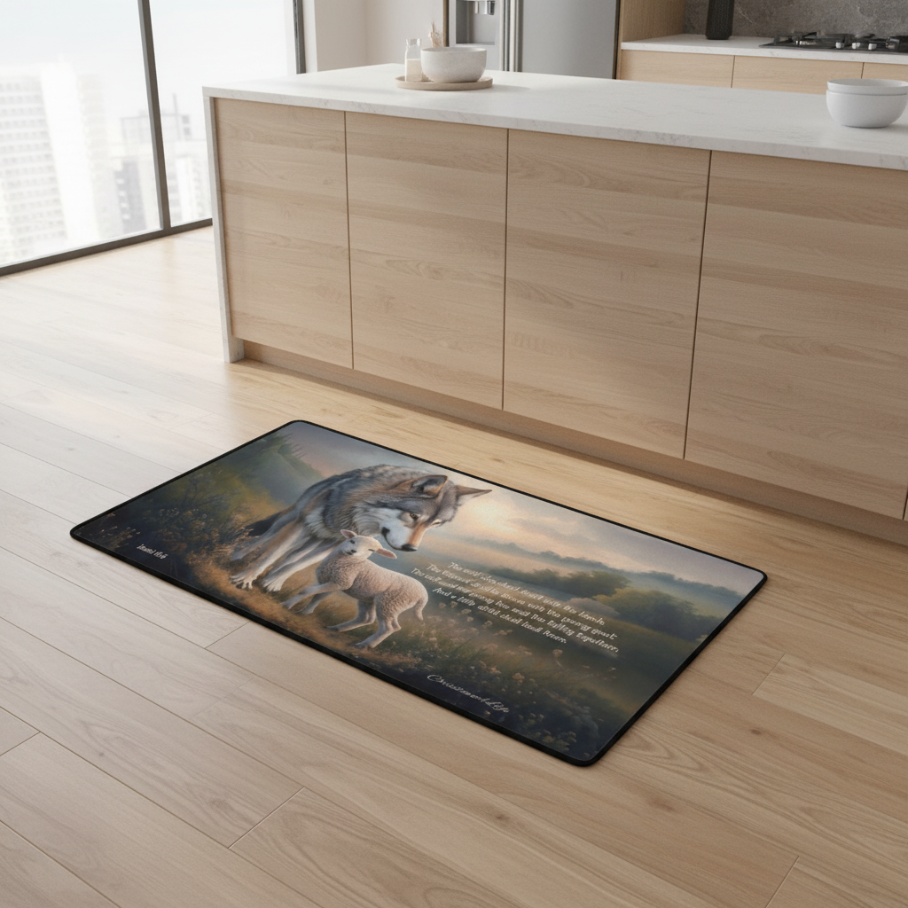 Wolf and Lamb Christian area rug / Mat 31" x 20" (choose from 3 designs) with Black Binding
