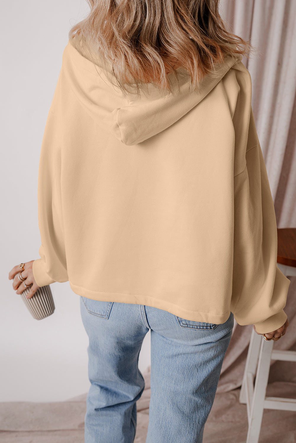 Orange Half Zipper Kangaroo Pockets Drop Shoulder Hoodie