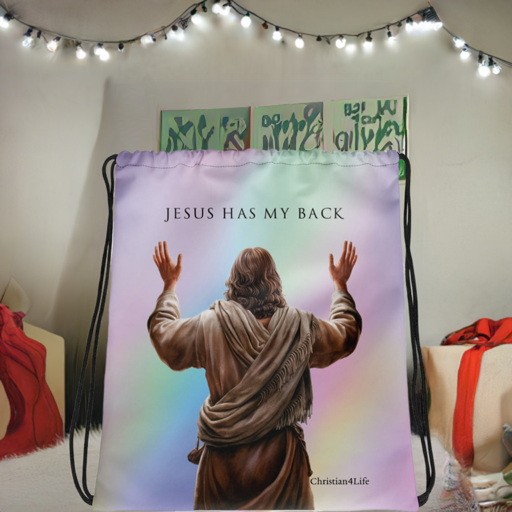 "Jesus Has My Back" 15″ × 17″ Drawstring bag (multi-color)