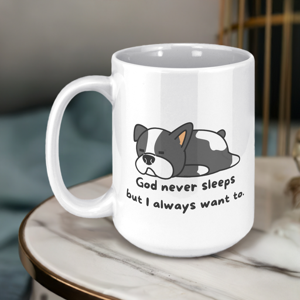 "God never sleeps but I always want to" 15oz Sleeping Puppy Christian Mug - inside color schemes