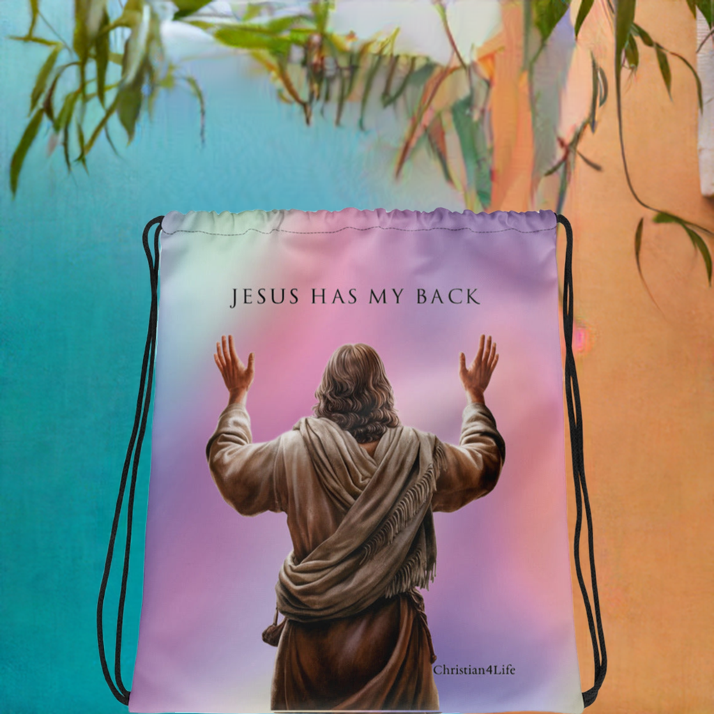 "Jesus Has My Back" 15″ × 17″ Drawstring bag (multi-color)