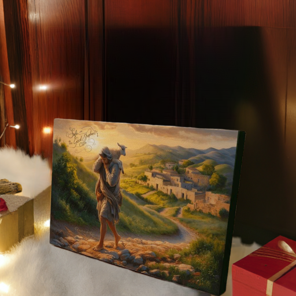 "Safe in the Good Shepherd's care" Gallery Wrapped Christian Wall Art Canvas (3:2)
