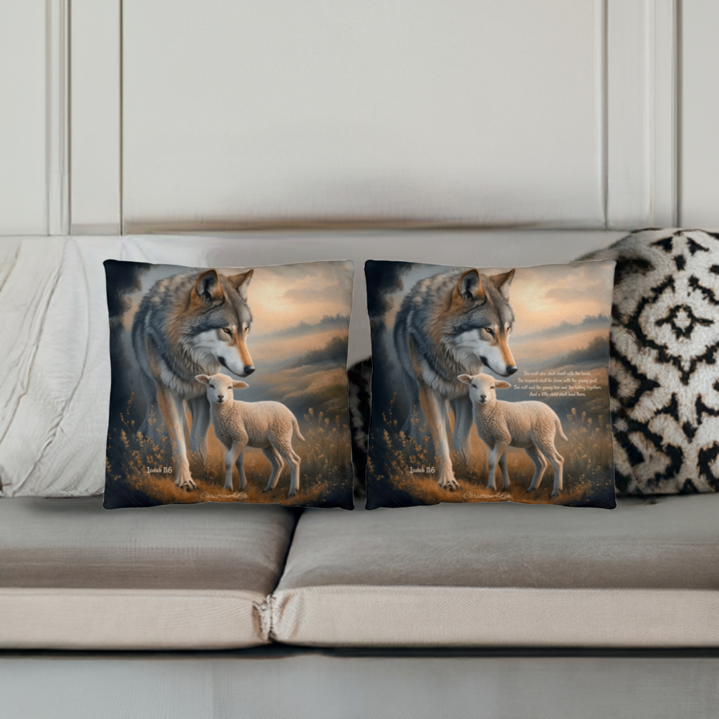 Wolf and Sheep Bible Verse Spun Polyester Square Pillowcase (multiple sizes)