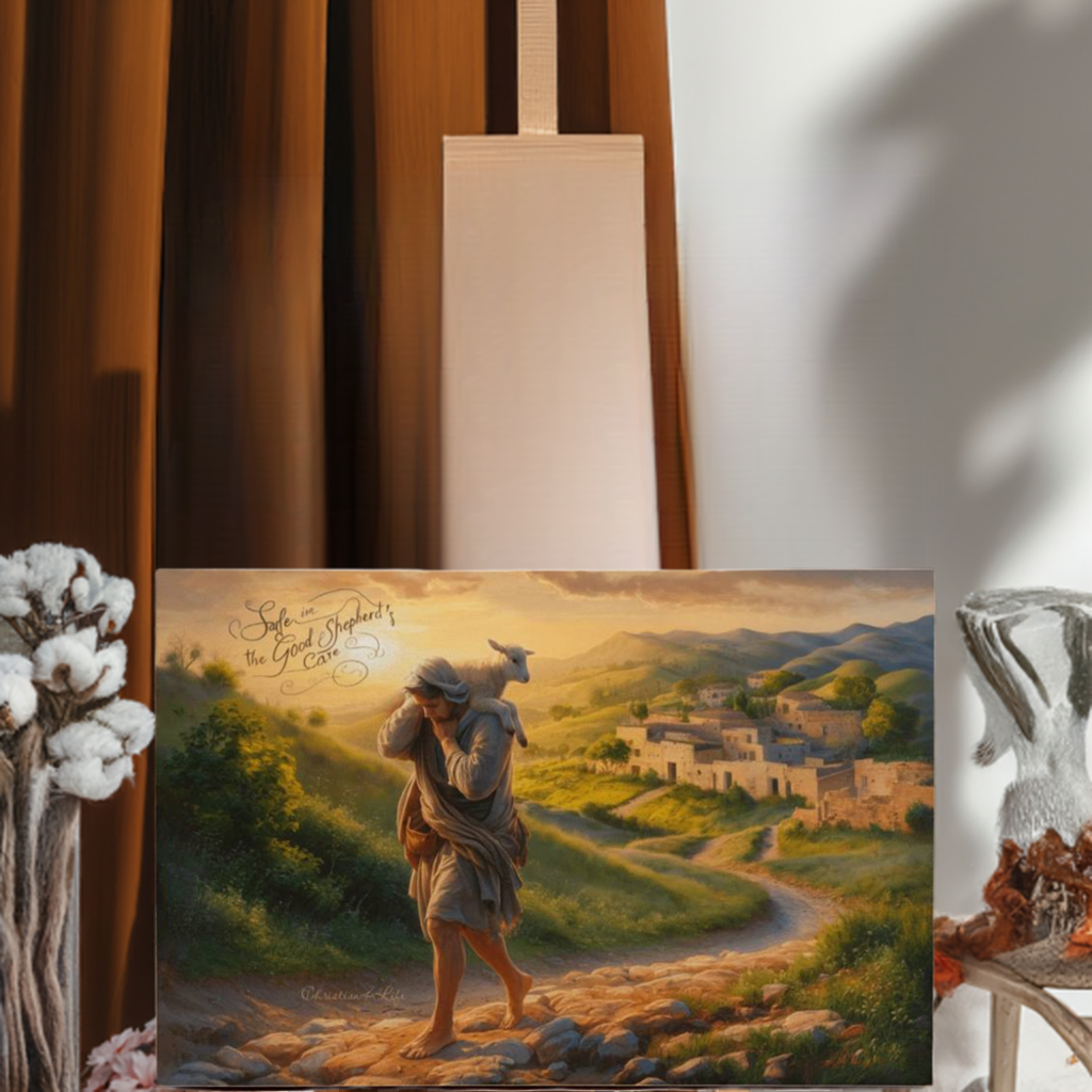"Safe in the Good Shepherd's care" Gallery Wrapped Christian Wall Art Canvas (3:2)