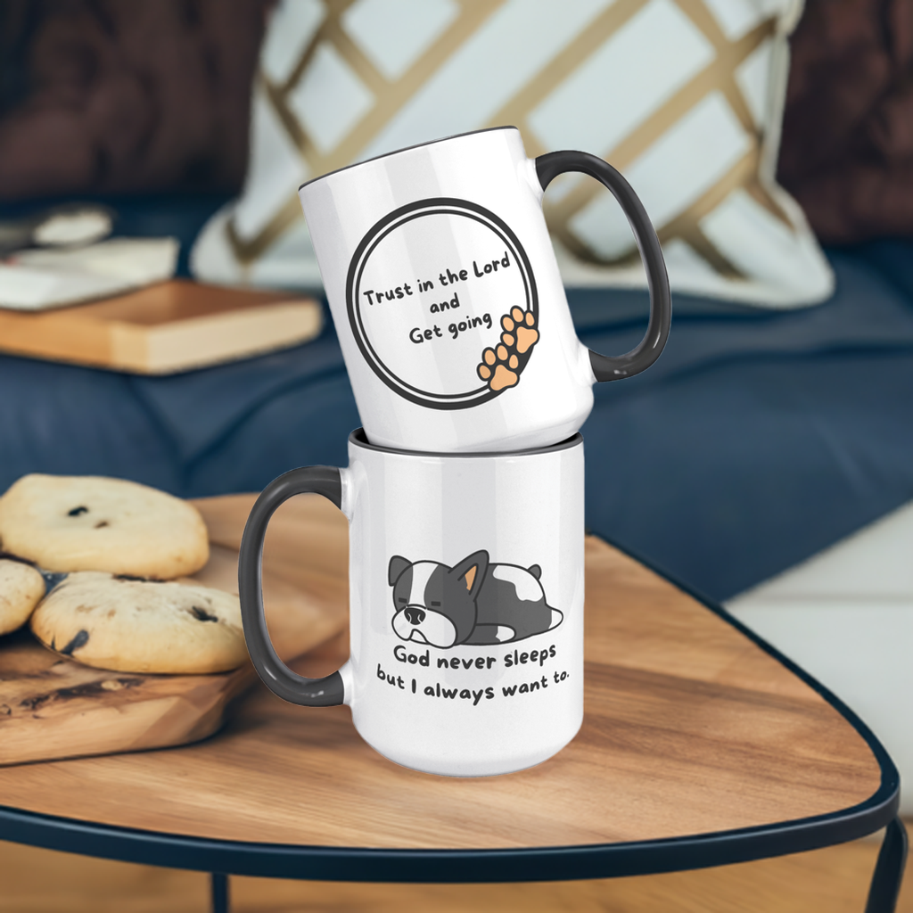 "God never sleeps but I always want to" 15oz Sleeping Puppy Christian Mug - inside color schemes