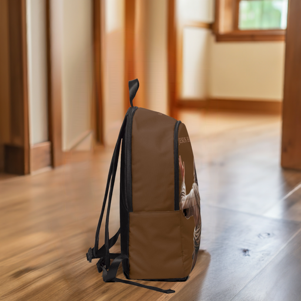 "Jesus Has My Back" Graphic design Christian Backpack (Choose Brown Shade)