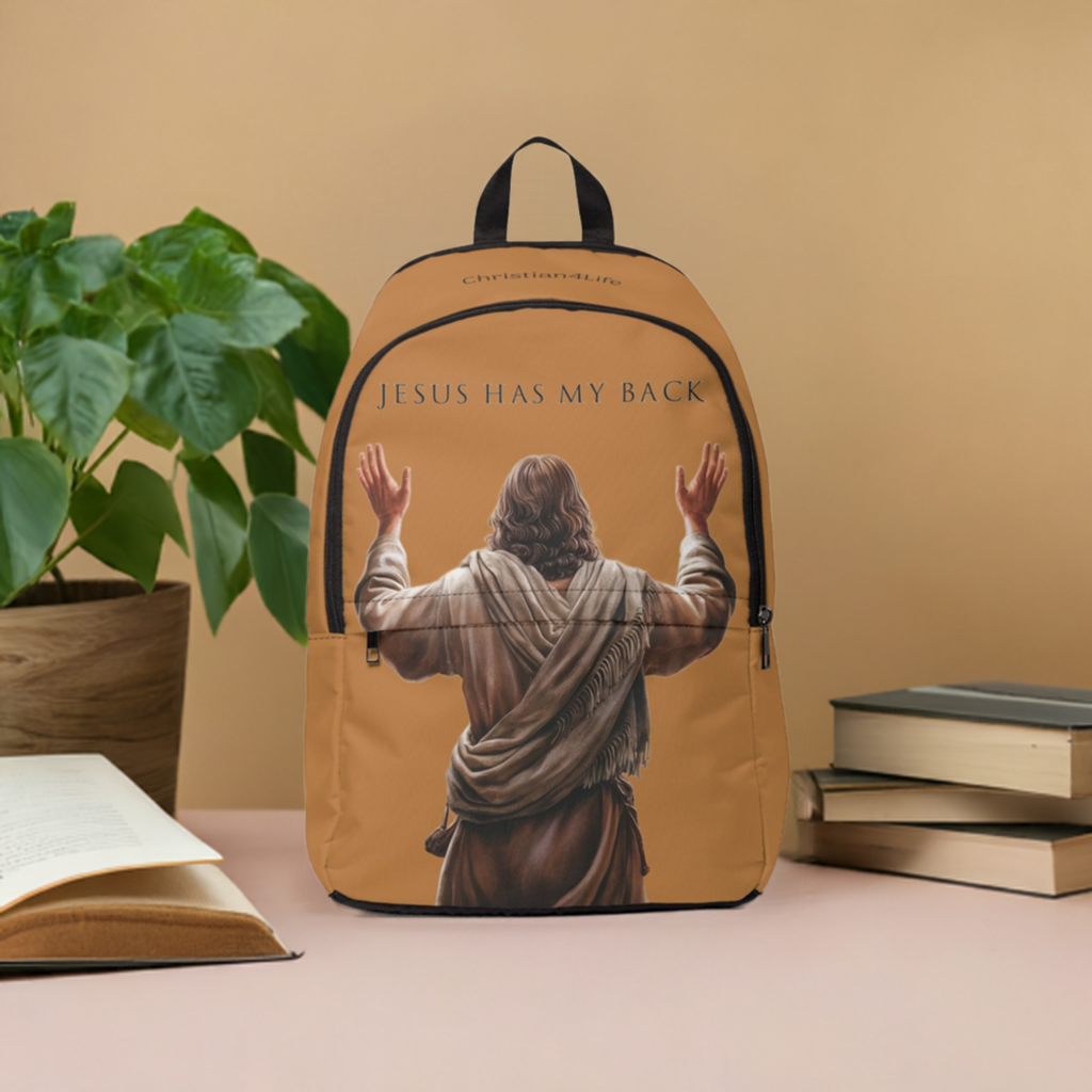 "Jesus Has My Back" Graphic design Christian Backpack (Choose Brown Shade)