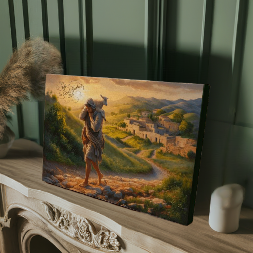 "Safe in the Good Shepherd's care" Gallery Wrapped Christian Wall Art Canvas (3:2)