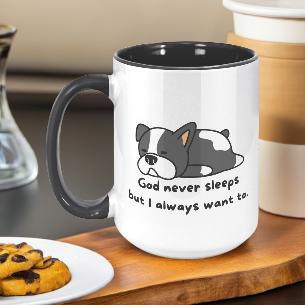 "God never sleeps but I always want to" 15oz Sleeping Puppy Christian Mug - inside color schemes