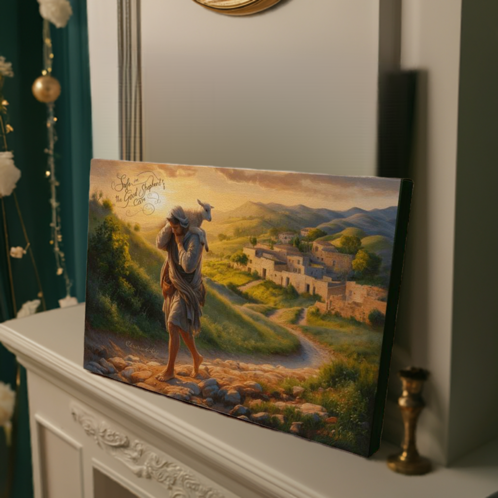 "Safe in the Good Shepherd's care" Gallery Wrapped Christian Wall Art Canvas (3:2)