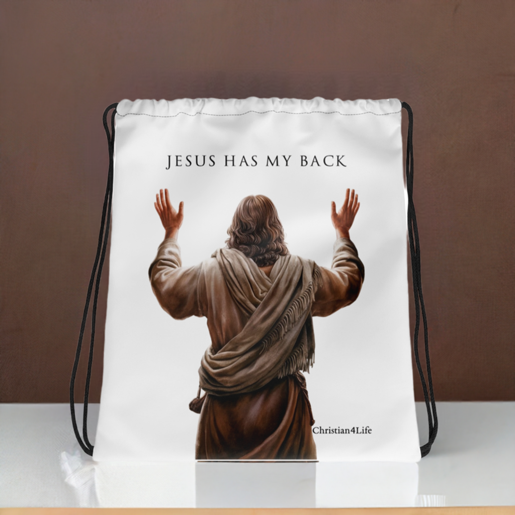 "Jesus Has My Back" Drawstring bag  15″ × 17″ (white)