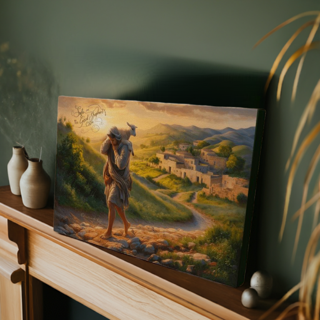 "Safe in the Good Shepherd's care" Gallery Wrapped Christian Wall Art Canvas (3:2)
