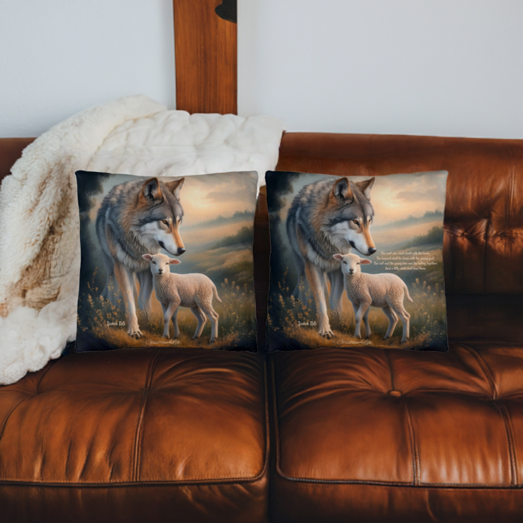 Wolf and Sheep Bible Verse Spun Polyester Square Pillowcase (multiple sizes)