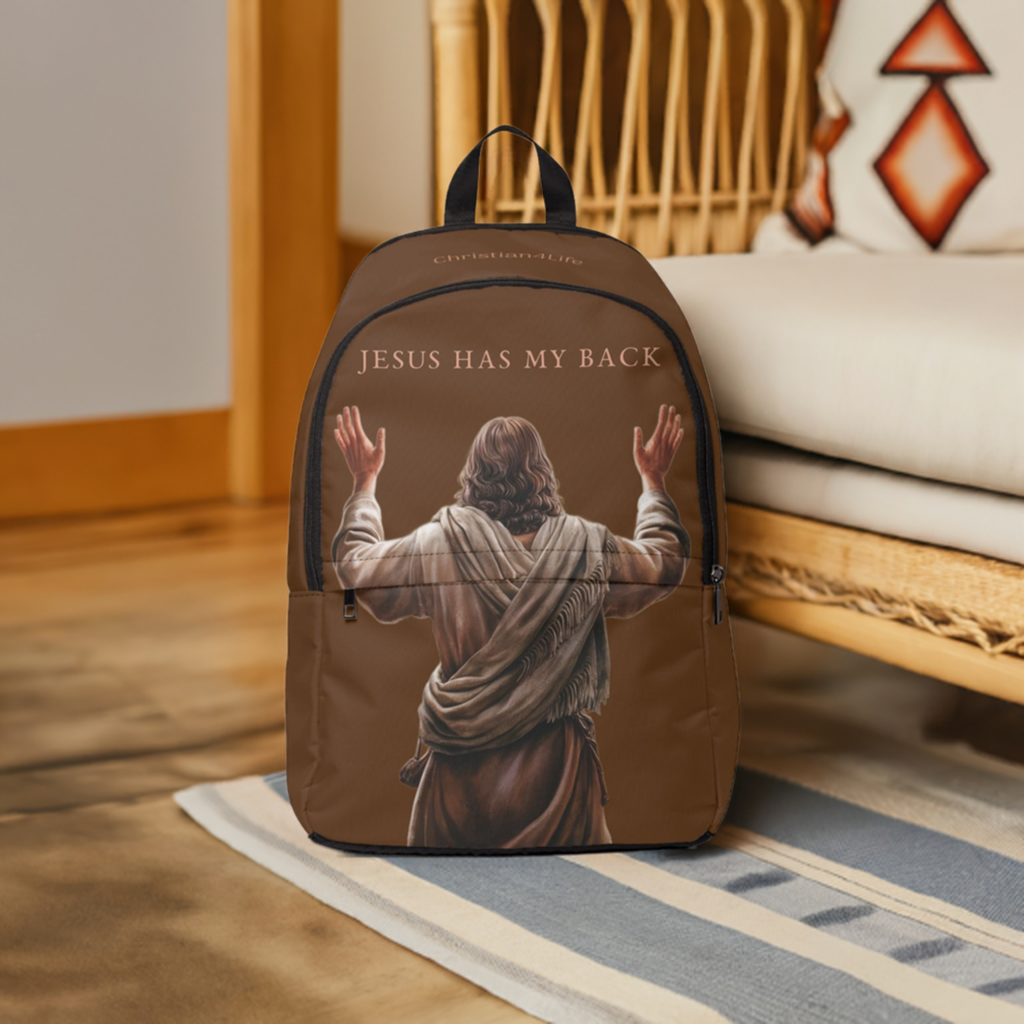 "Jesus Has My Back" Graphic design Christian Backpack (Choose Brown Shade)