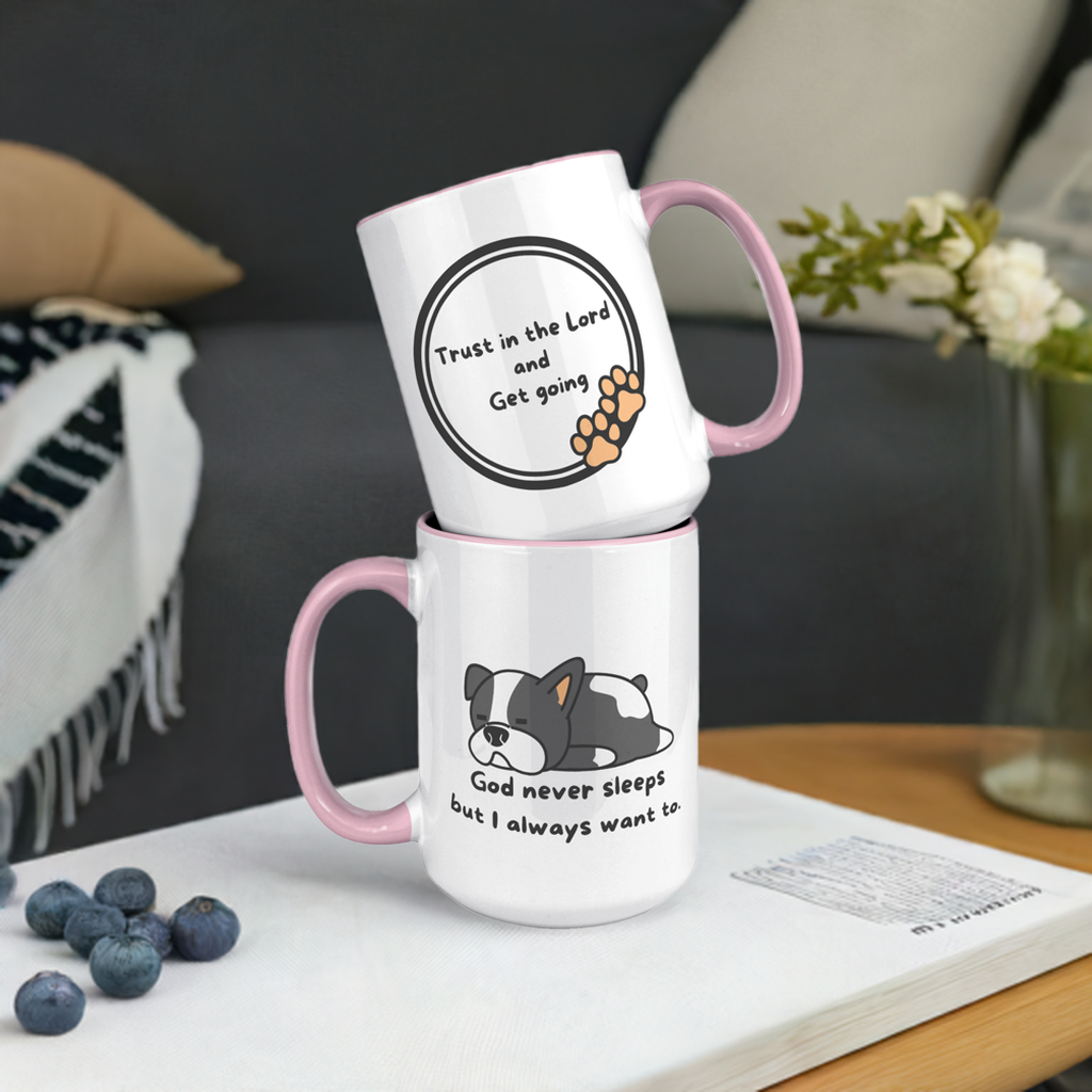 "God never sleeps but I always want to" 15oz Sleeping Puppy Christian Mug - inside color schemes