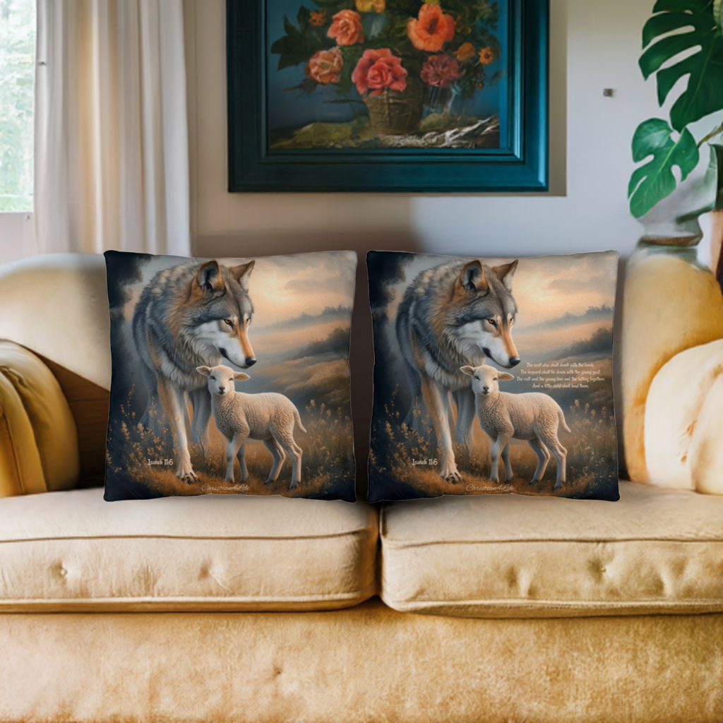 Wolf and Sheep Bible Verse Spun Polyester Square Pillowcase (multiple sizes)