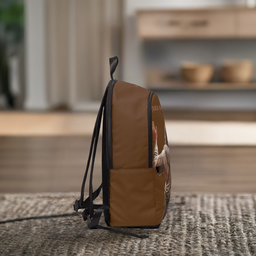 "Jesus Has My Back" Graphic design Christian Backpack (Choose Brown Shade)