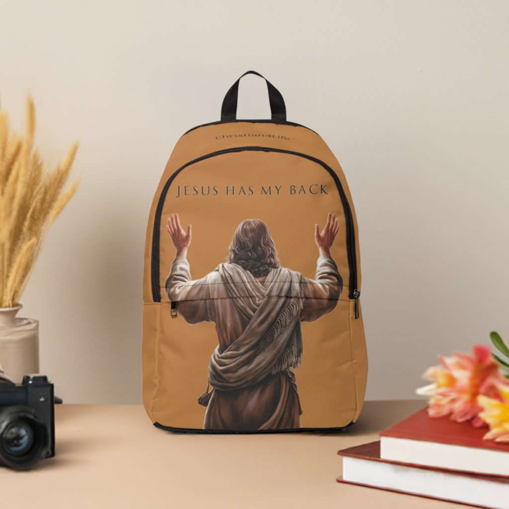 "Jesus Has My Back" Graphic design Christian Backpack (Choose Brown Shade)