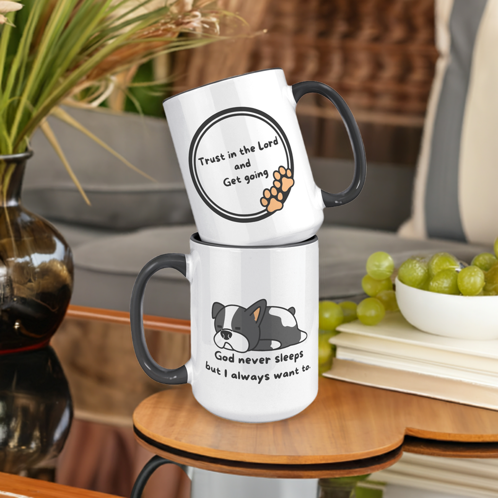 "God never sleeps but I always want to" 15oz Sleeping Puppy Christian Mug - inside color schemes