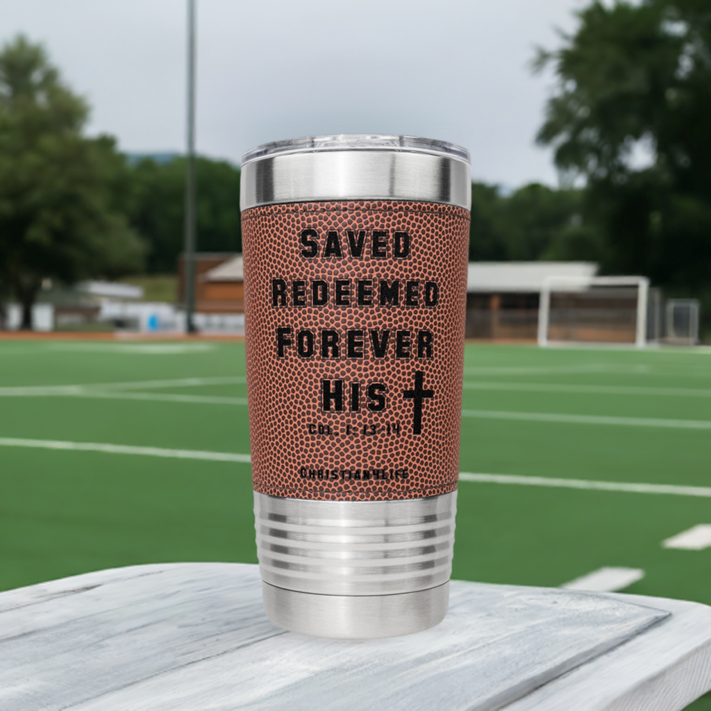 20oz Christian Football Tumbler - Saved, Redeemed