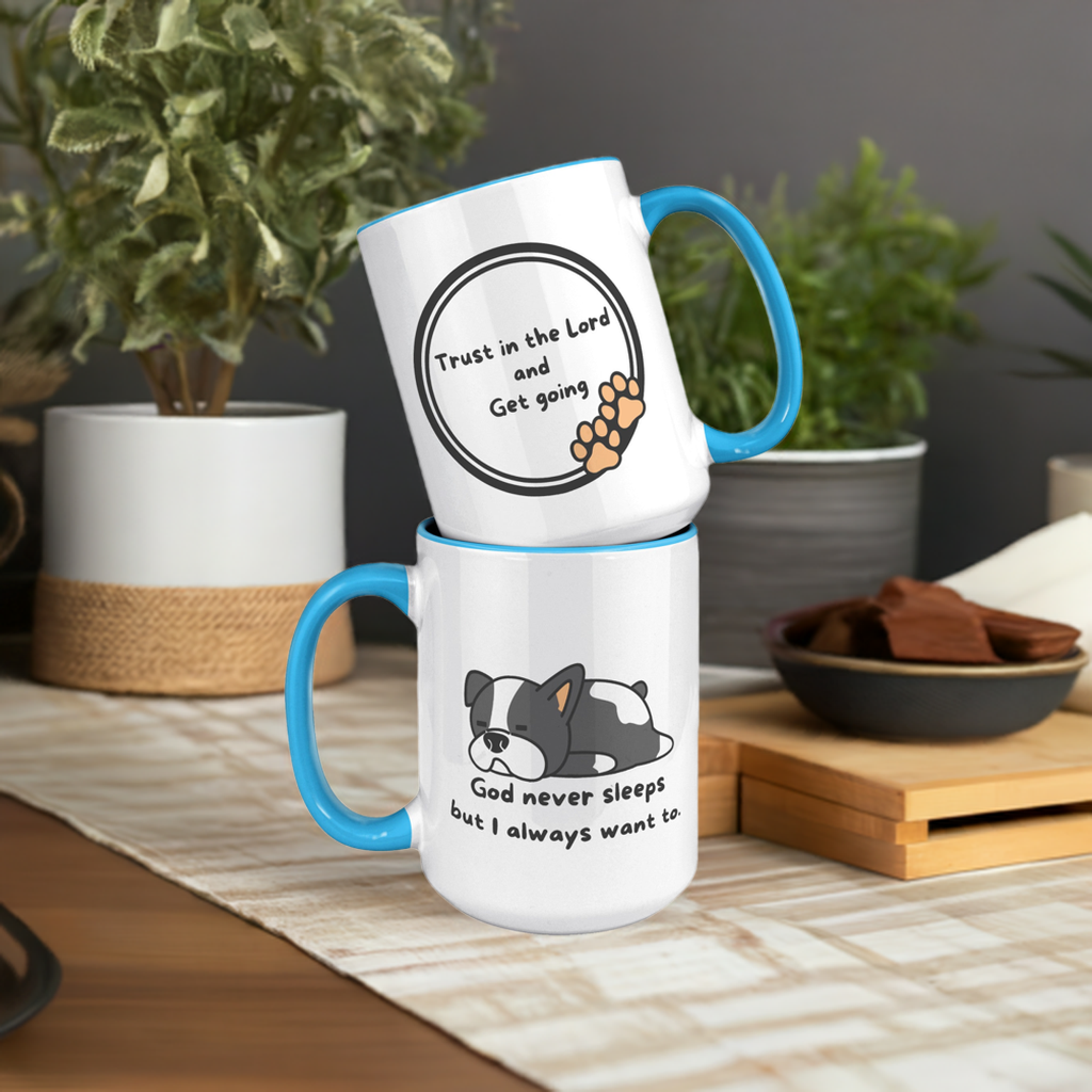 "God never sleeps but I always want to" 15oz Sleeping Puppy Christian Mug - inside color schemes