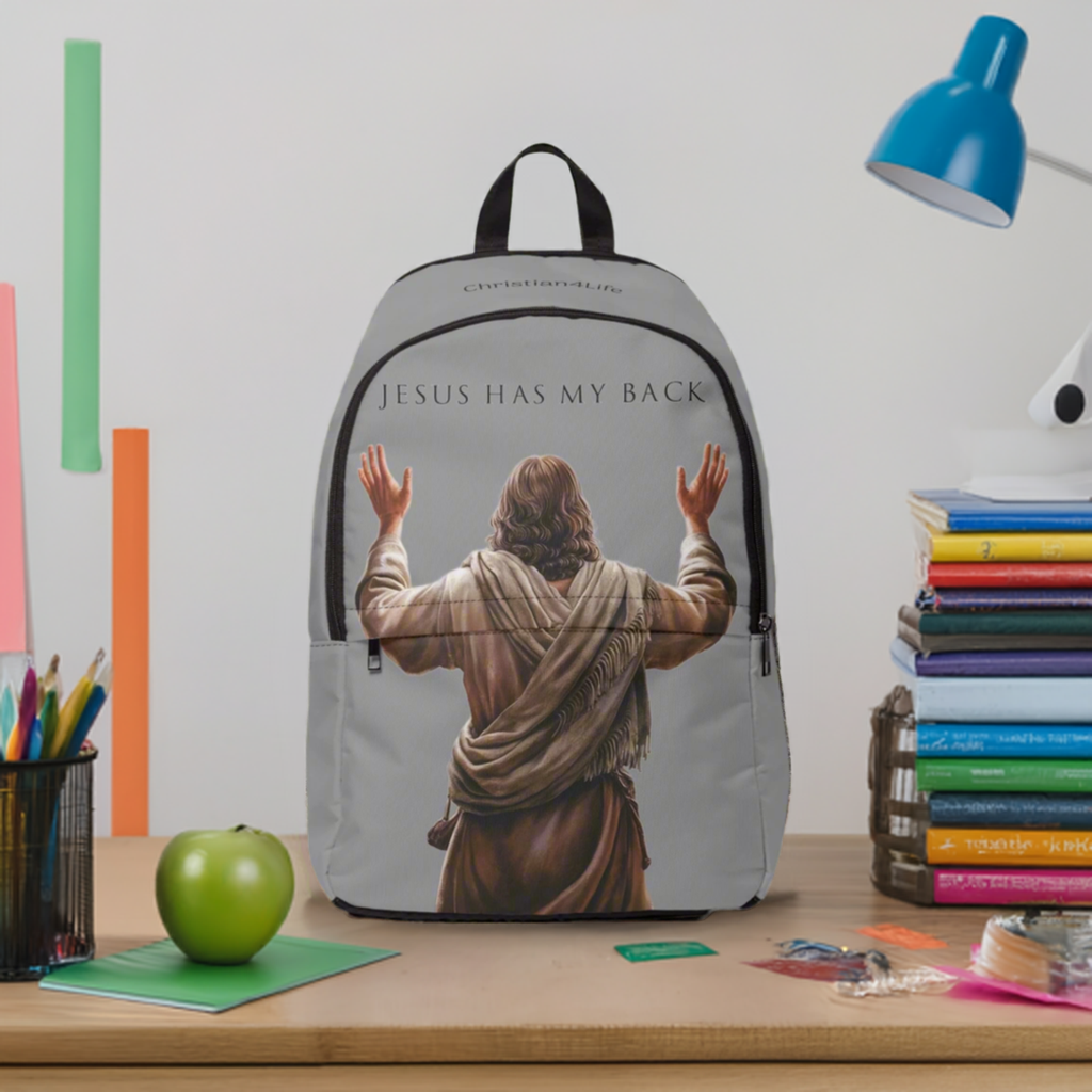 "Jesus Has My Back" Graphic design Christian Backpack (Choose Grey Shade)