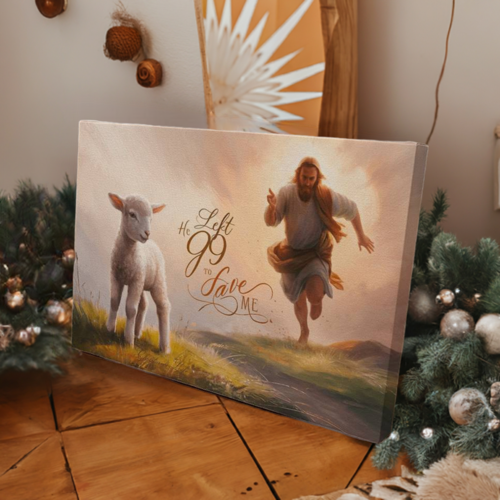 "He Left 99 to Save Me" Oil Style Gallery Wrapped Christian Wall Art Canvas (3:2)