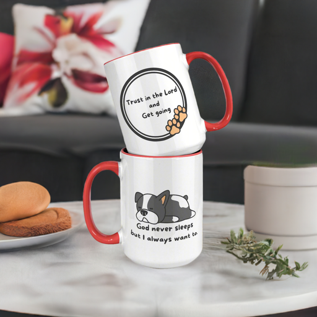 "God never sleeps but I always want to" 15oz Sleeping Puppy Christian Mug - inside color schemes