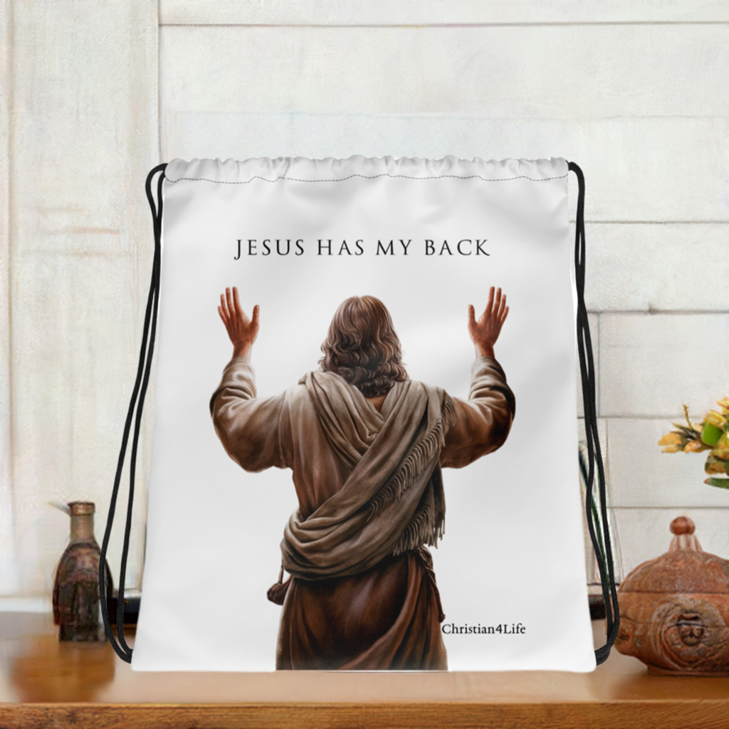 "Jesus Has My Back" Drawstring bag  15″ × 17″ (white)