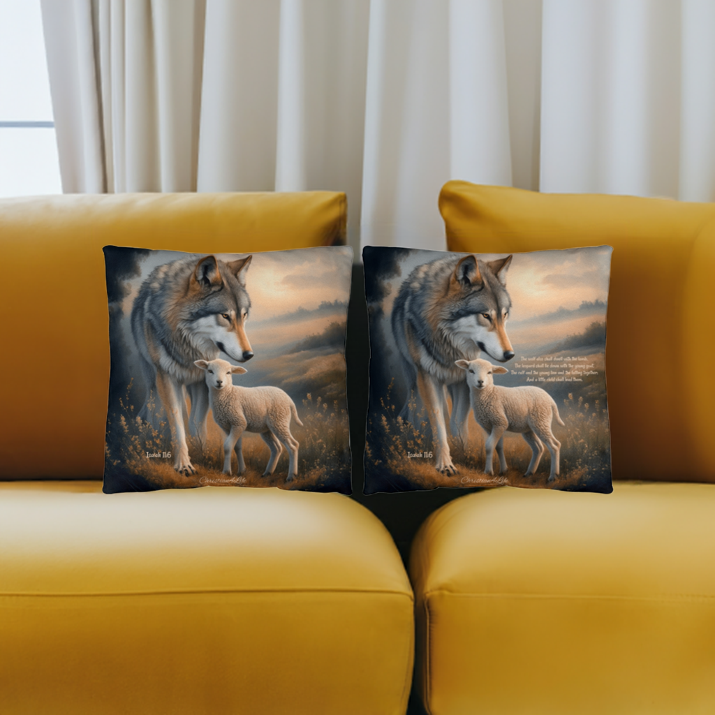 Wolf and Lamb Bible Verse Spun Polyester Square Indoor/Outdoor Pillow