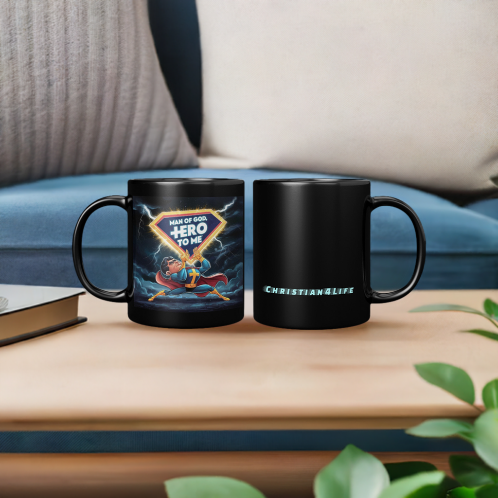 Christian4Life Superhero 11oz Black Mug - "Man of God, Hero to Me" Christian Mug