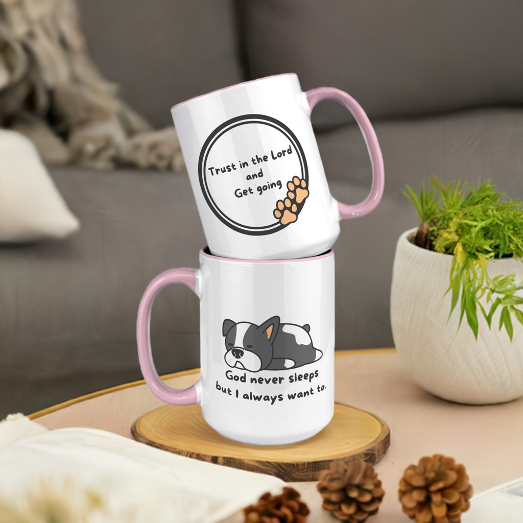 "God never sleeps but I always want to" 15oz Sleeping Puppy Christian Mug - inside color schemes