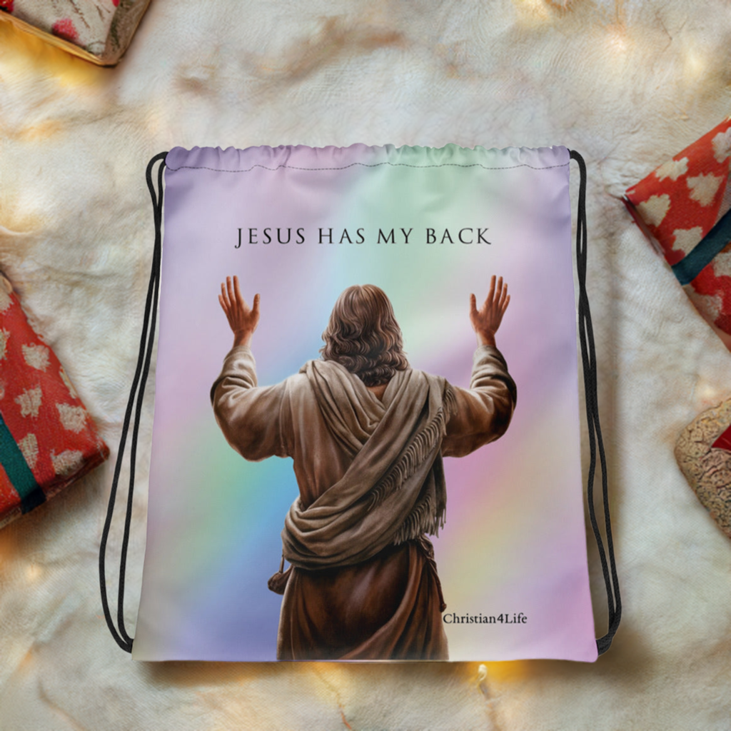 "Jesus Has My Back" 15″ × 17″ Drawstring bag (multi-color)
