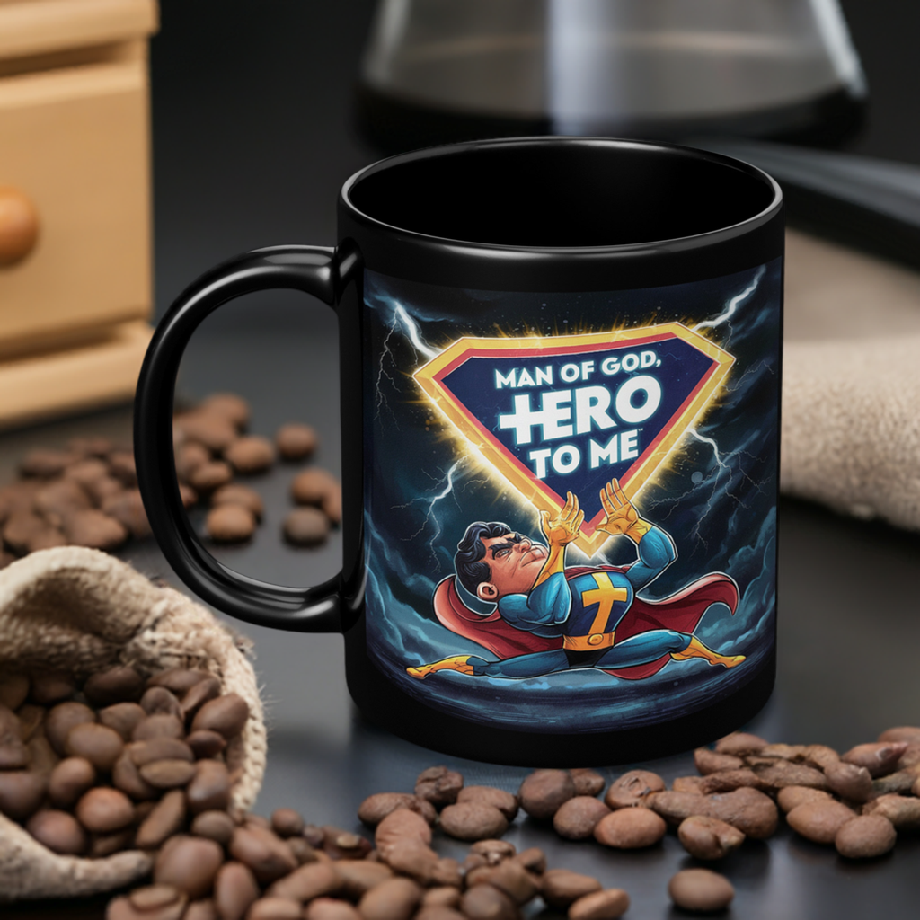 Christian4Life Superhero 11oz Black Mug - "Man of God, Hero to Me" Christian Mug