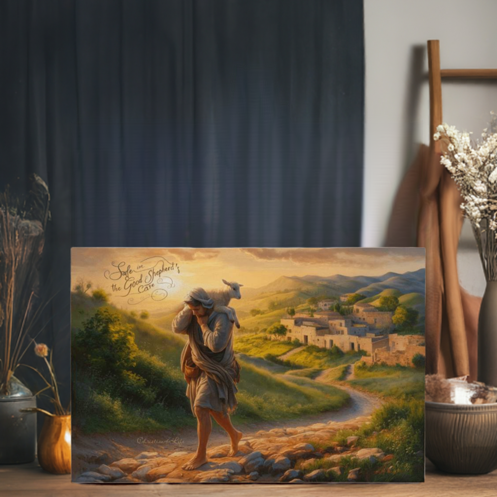 "Safe in the Good Shepherd's care" Gallery Wrapped Christian Wall Art Canvas (3:2)