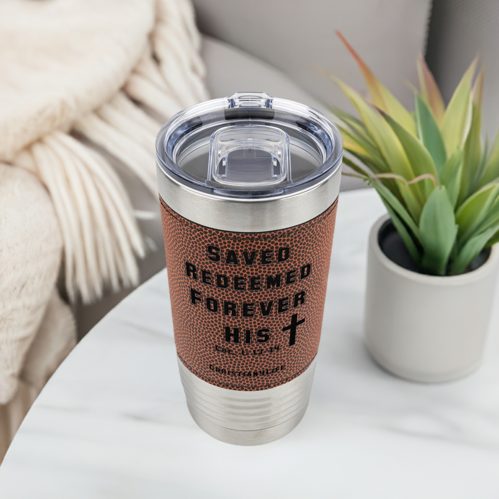 20oz Christian Football Tumbler - Saved, Redeemed