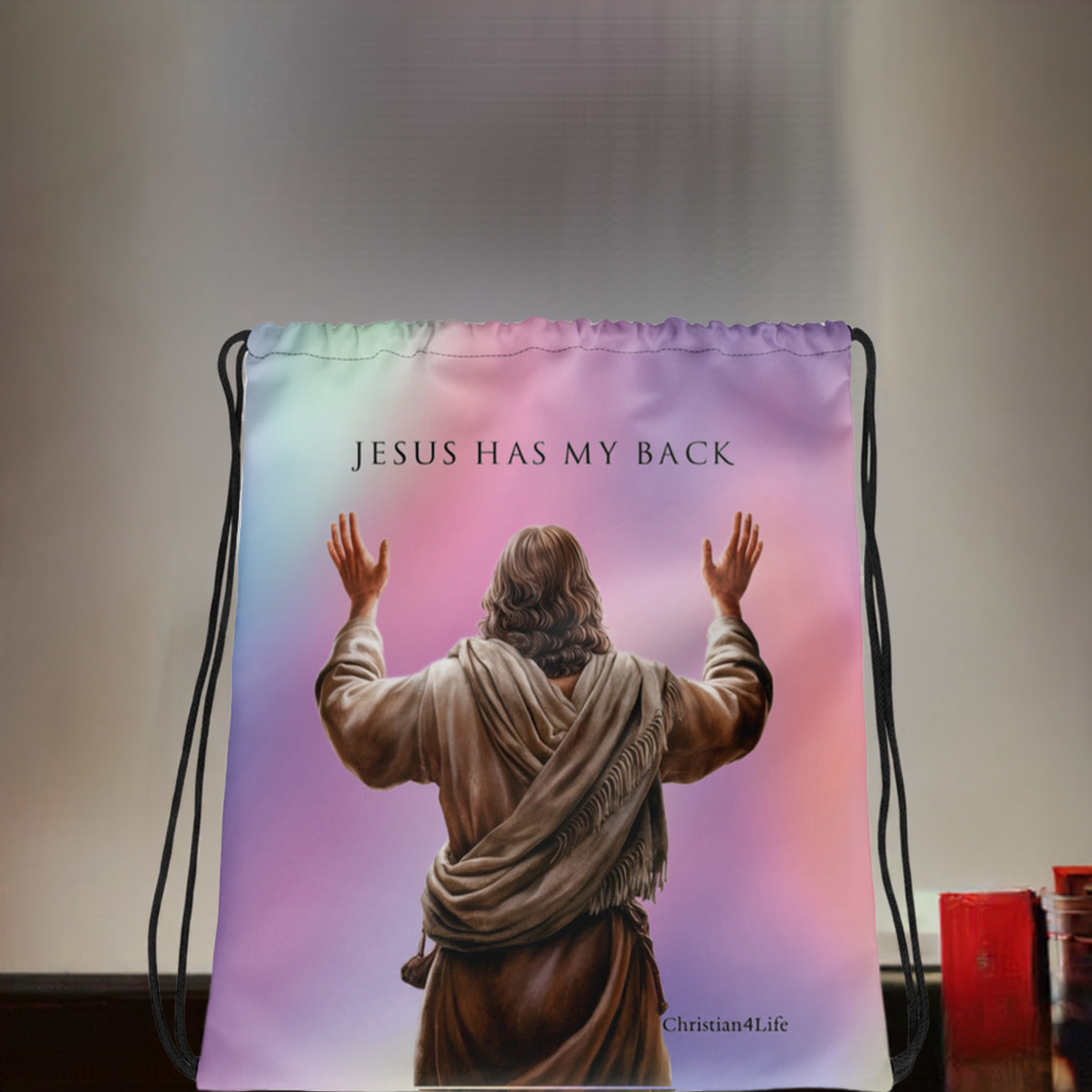 "Jesus Has My Back" 15″ × 17″ Drawstring bag (multi-color)