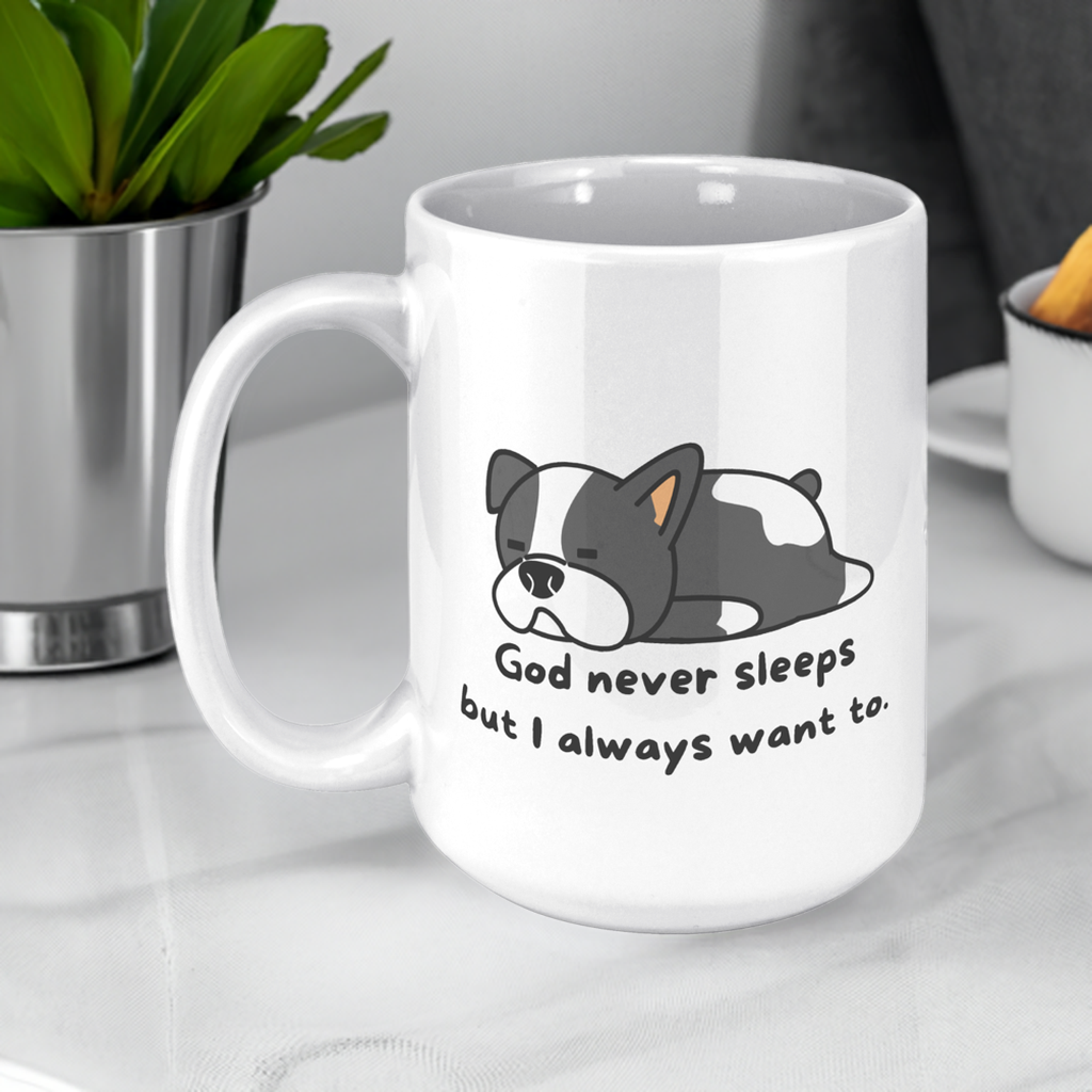 "God never sleeps but I always want to" 15oz Sleeping Puppy Christian Mug - inside color schemes