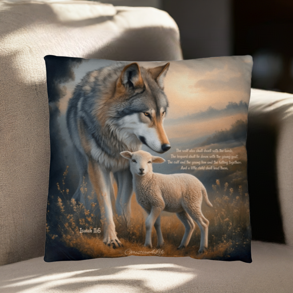 Wolf and Sheep Bible Verse Spun Polyester Square Pillowcase (multiple sizes)