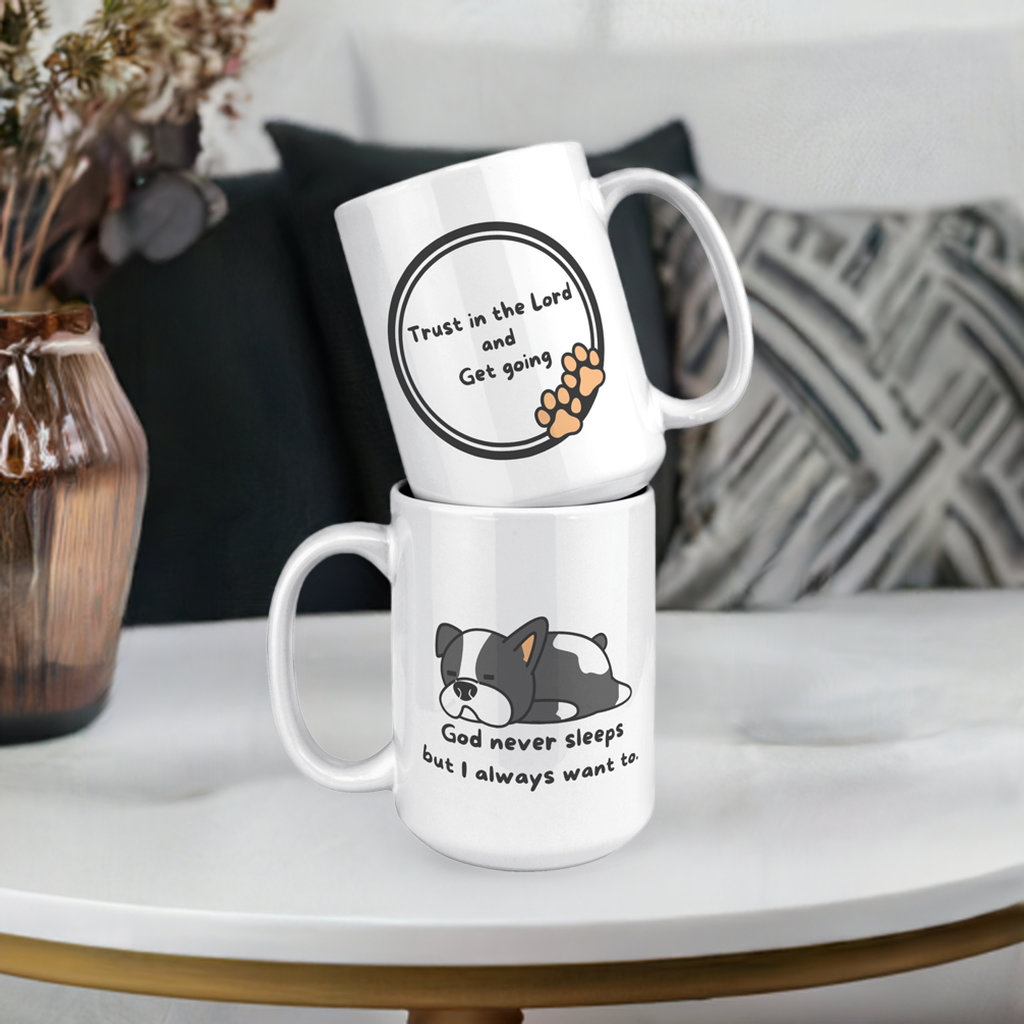 "God never sleeps but I always want to" 15oz Sleeping Puppy Christian Mug - inside color schemes