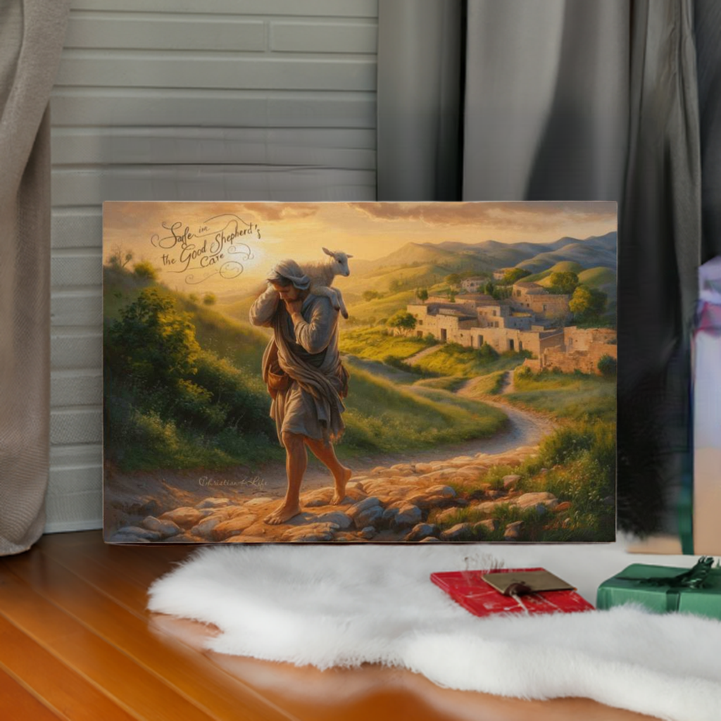 "Safe in the Good Shepherd's care" Gallery Wrapped Christian Wall Art Canvas (3:2)